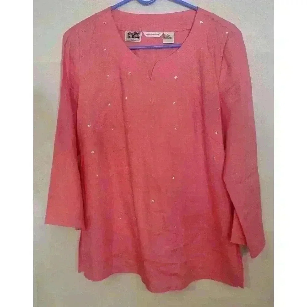 Richard Malcolm 100% Irish Linen Embroidered Tunic Top Womens Size M Pink Boho